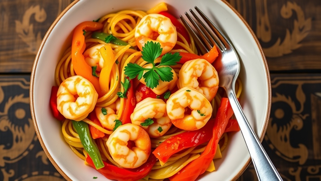 Spicy Cajun Shrimp Pasta Recipe A flavorful bowl of Cajun shrimp pasta with bell peppers in creamy sauce, garnished with parsley, on a rustic table.